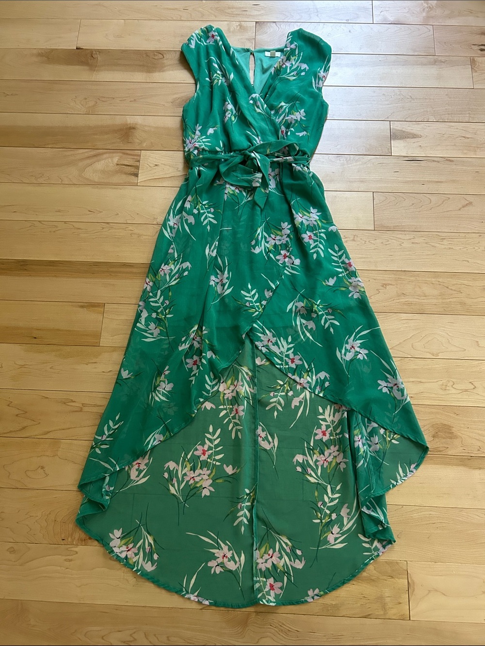 Charming Charlie Green Floral Wrap Hi-Low Dress